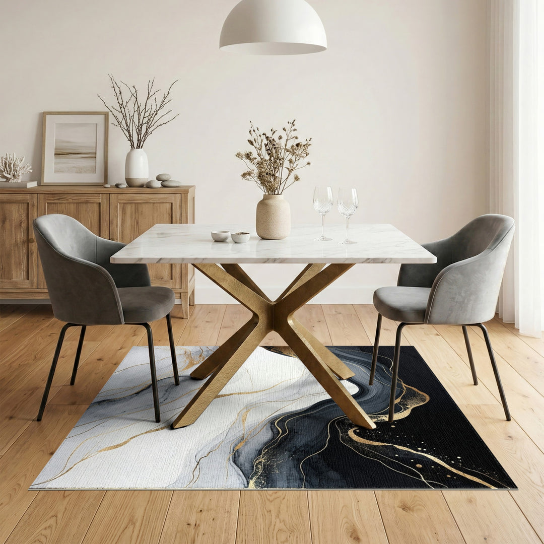 Black and White Black White Abstract Gold Wave Area Rug