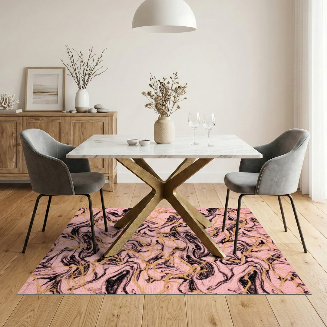 Pink Marble Swirl Area Rug with Gold Accents