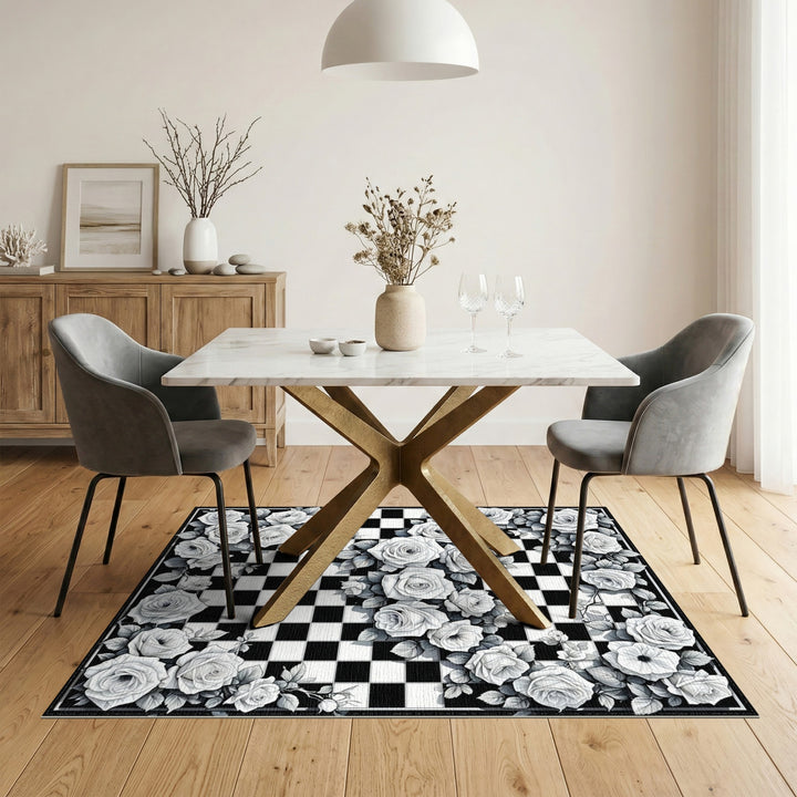 Black White Rose Checkerboard Area Rug