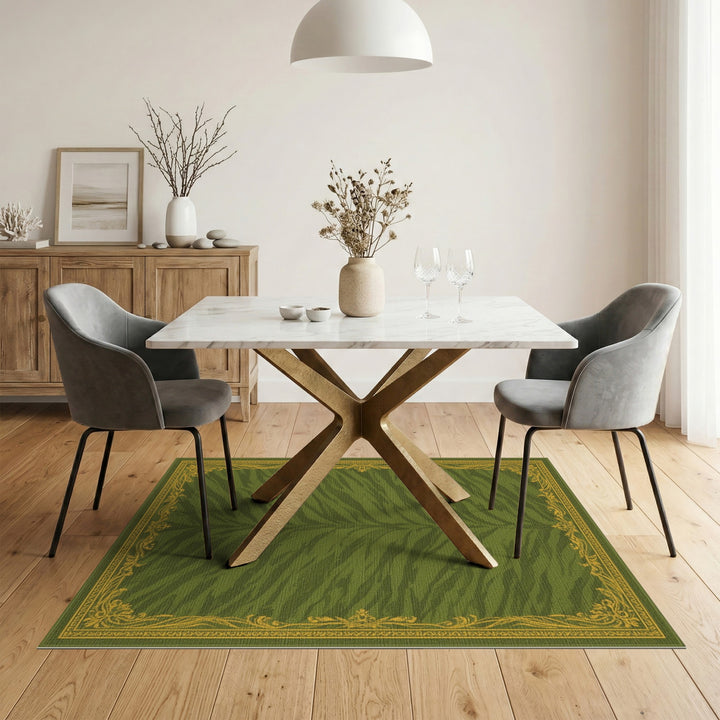 Green Tiger Stripe Area Rug with Gold Border