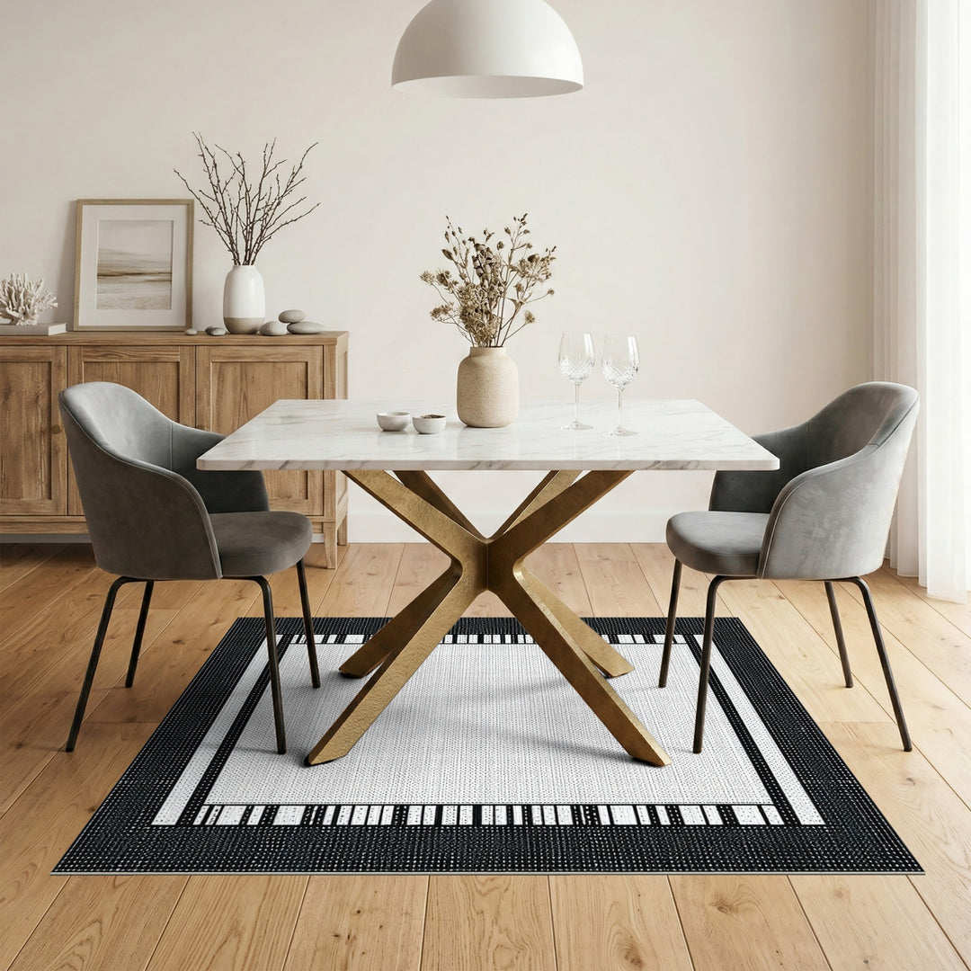 Black White Geometric Border Area Rug