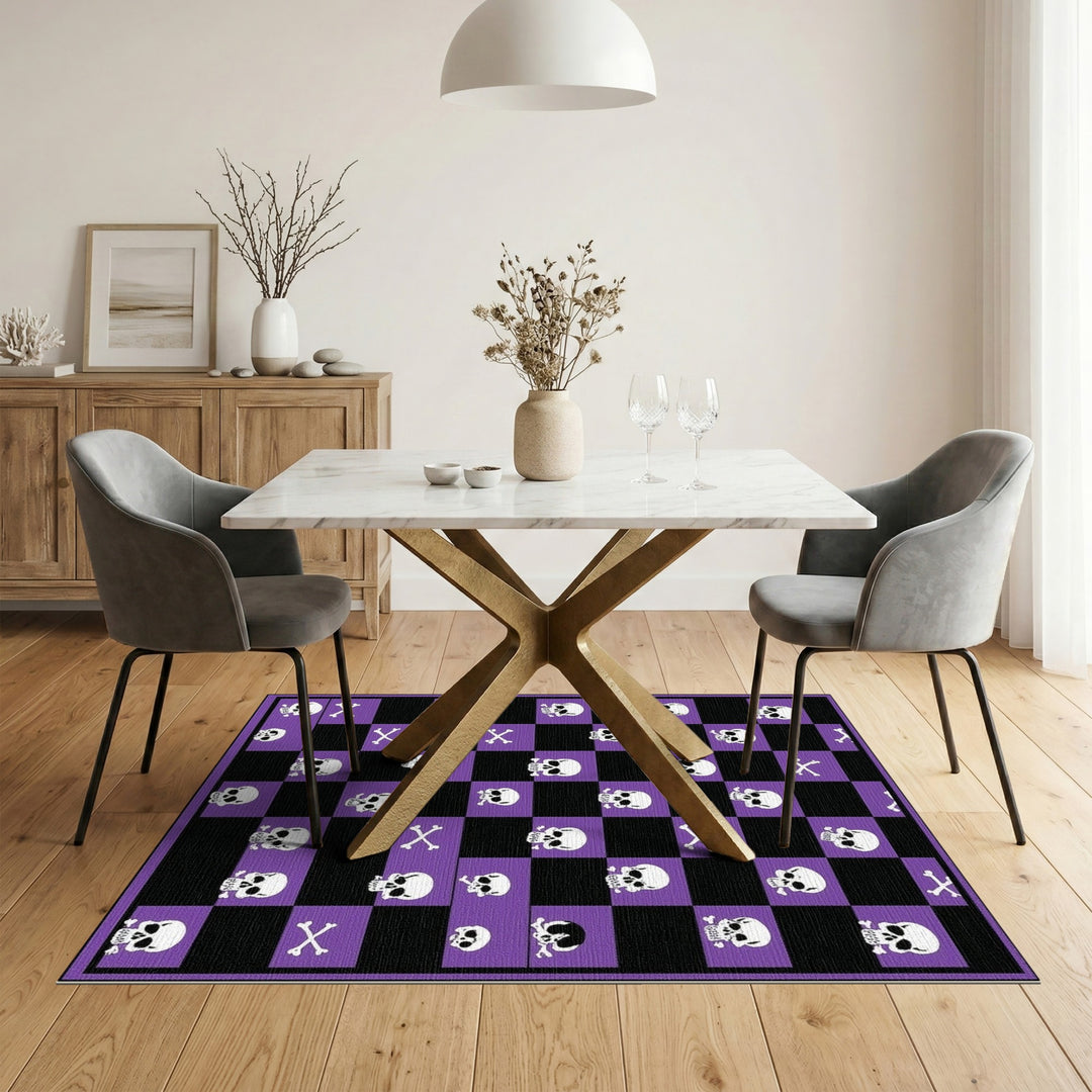Purple Skull Checkered Washable Area Rug