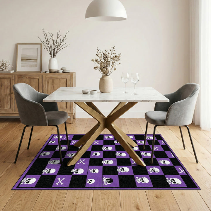 Purple Skull Checkered Washable Area Rug