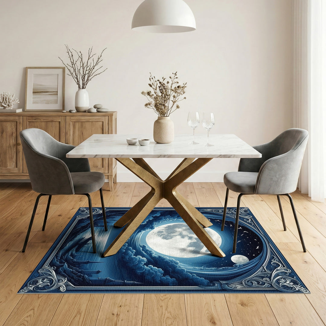 Blue Moonlit Coastal Ruins Area Rug