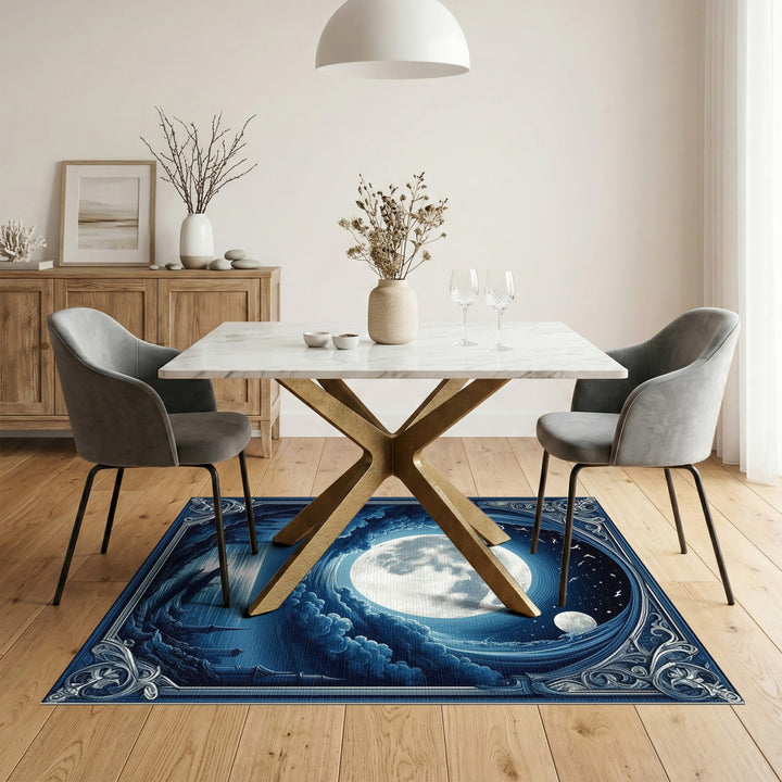 Blue Moonlit Coastal Ruins Area Rug