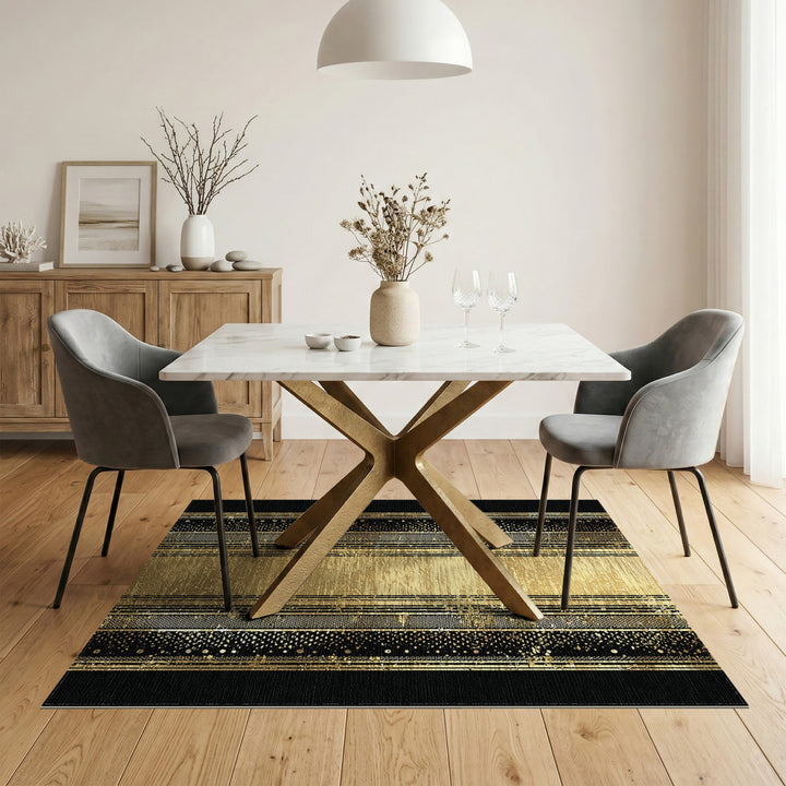Gold and Silver Black Gold Geometric Striped Area Rug