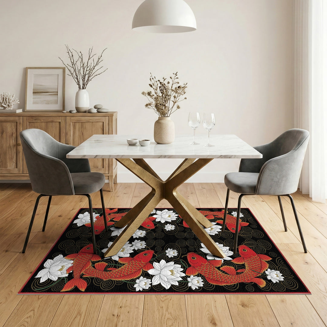 Red Koi Fish and Lotus Area Rug