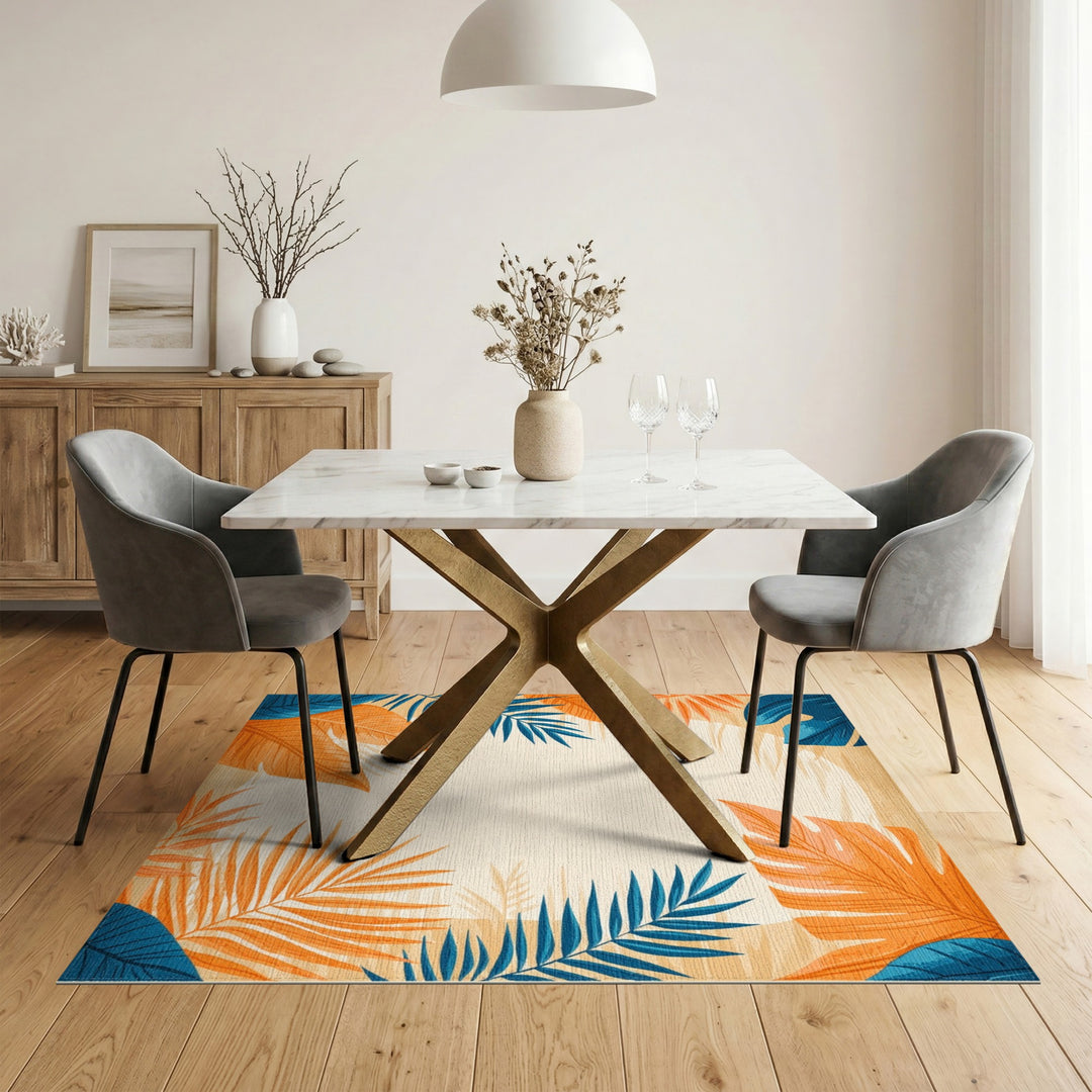 Blue and Orange Palm Leaf Area Rug
