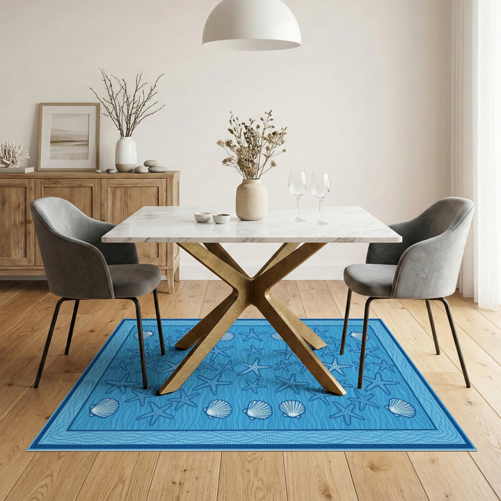 Blue Coastal Starfish and Seashell Area Rug