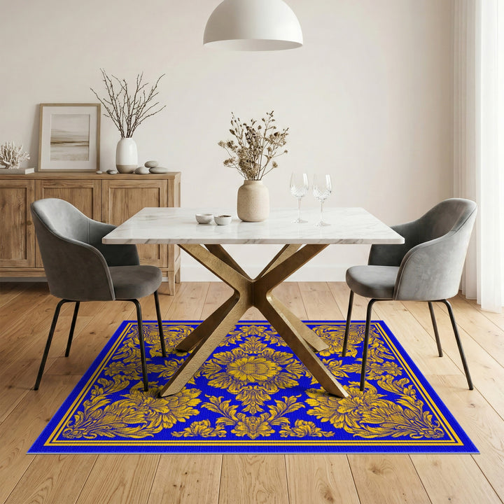 Blue and Gold Floral Vintage Area Rug