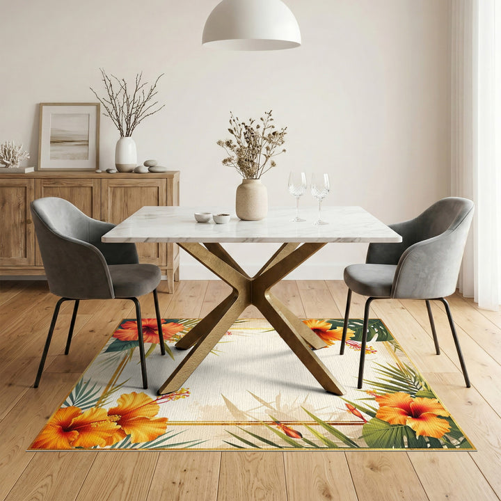Orange Hibiscus Palm Border Area Rug