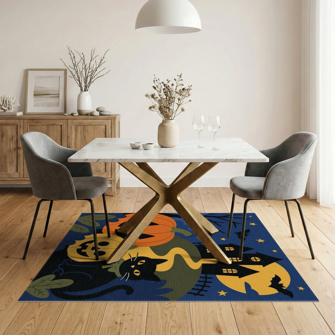 Halloween Black Cat and Pumpkins Area Rug