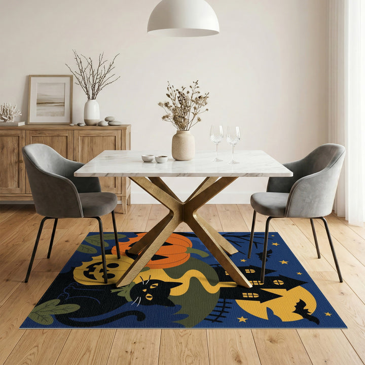Halloween Black Cat and Pumpkins Area Rug
