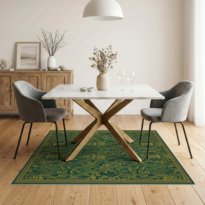 Green Ornate Green Gold Floral Vintage Area Rug