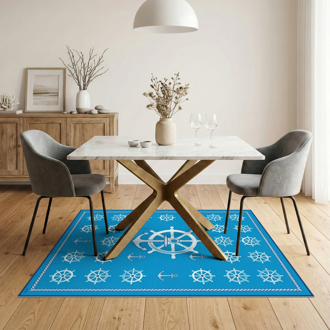 Blue Nautical Ship Wheel Anchor Area Rug