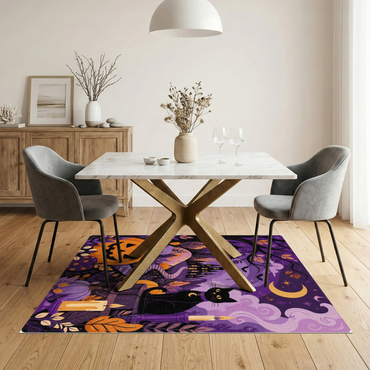 Enchanted Purple Black Cat Pumpkin Area Rug