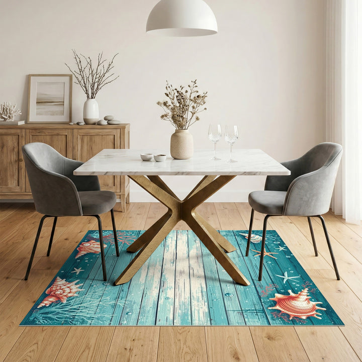 Seashell Starfish Teal Coastal Area Rug