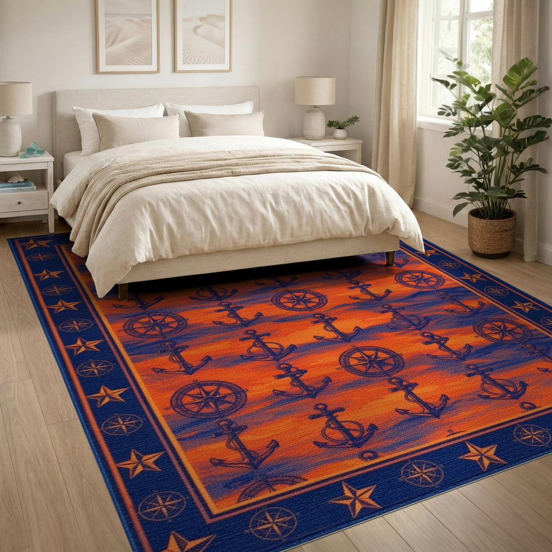 Orange Nautical Anchor Compass Area Rug