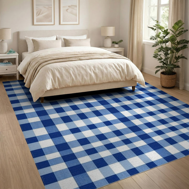 Rustic Farmhouse Blue Gingham Checkered Area Rug