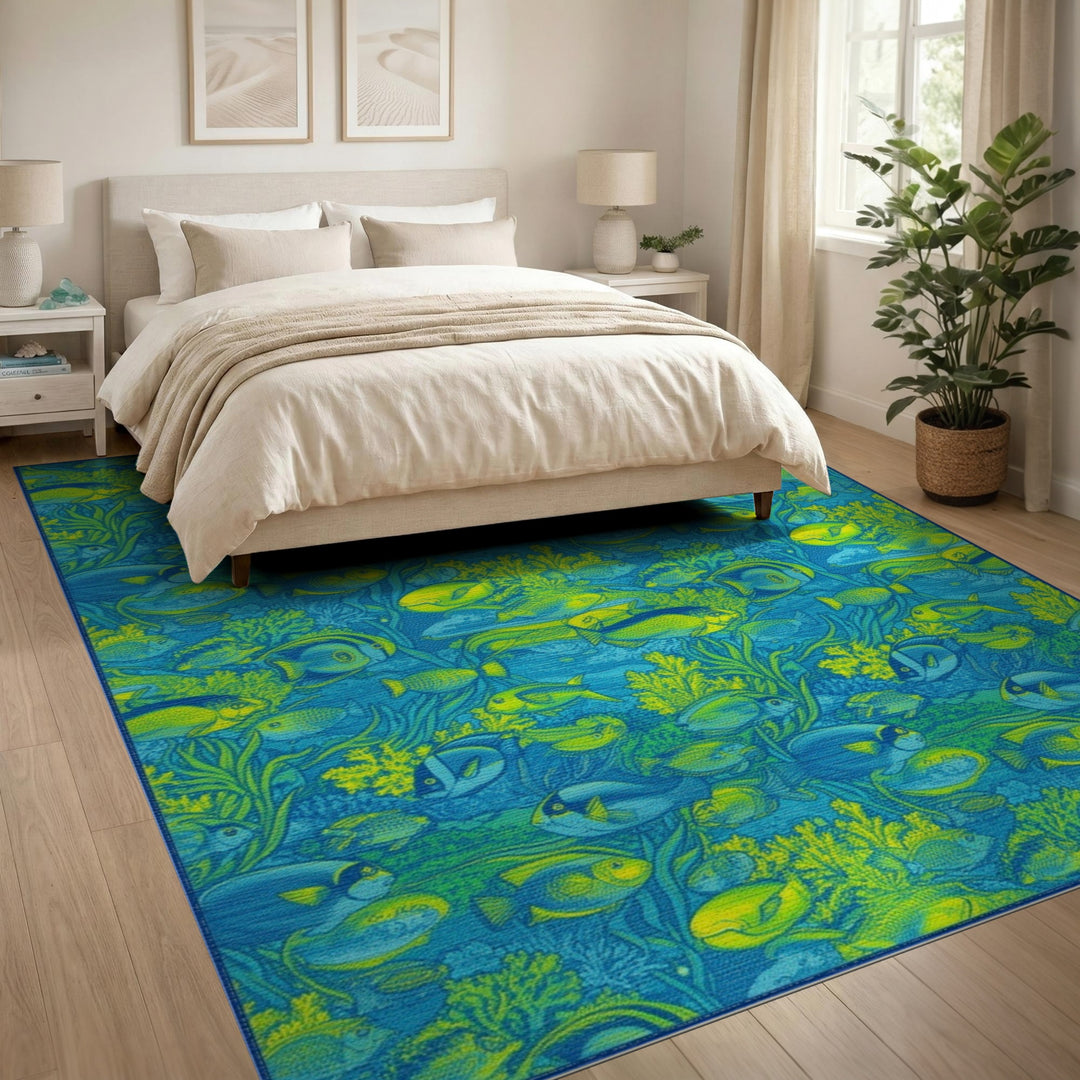 Blue and Teal Blue Fish Coral Coastal Area Rug
