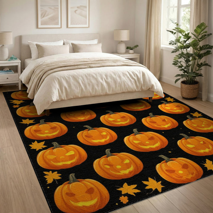 Glowing Jack-o'-Lantern Pumpkin Washable Area Rug