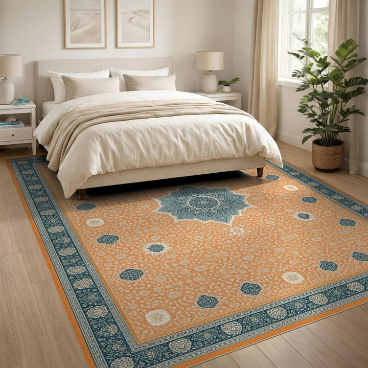 Orange Teal Medallion Traditional Persian Area Rug
