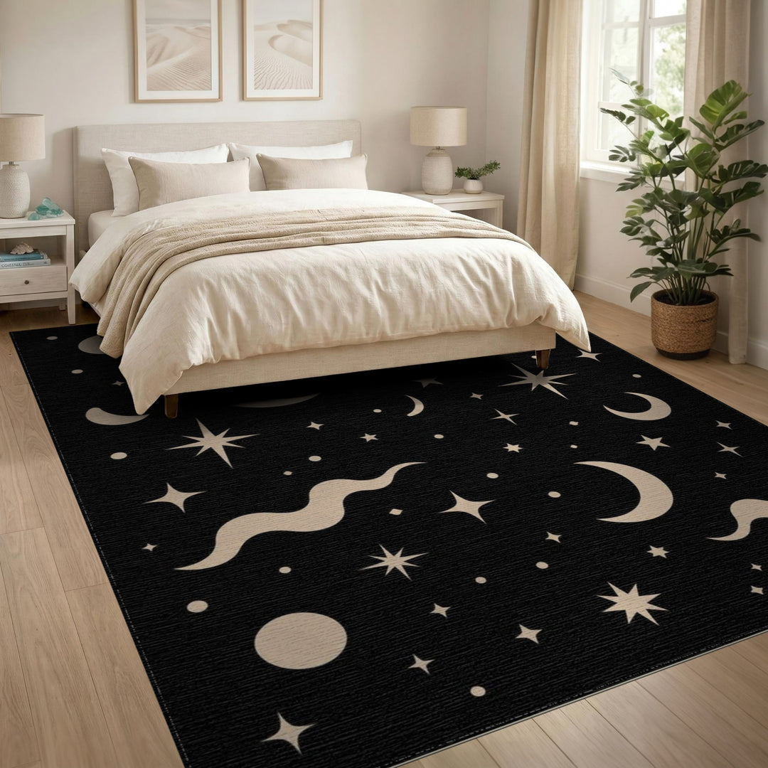 Celestial Black Boho Area Rug with Moons