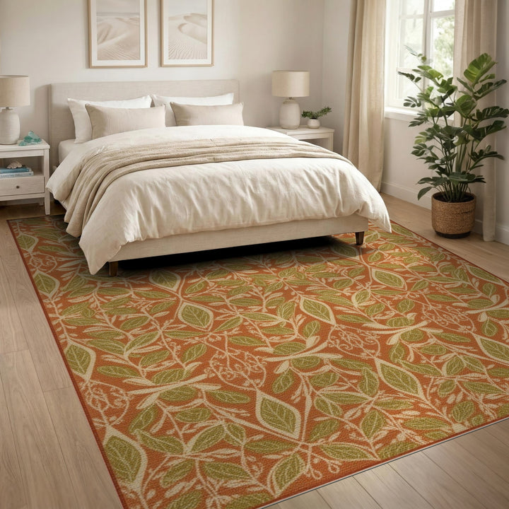 Orange Green Leaf Vintage Area Rug