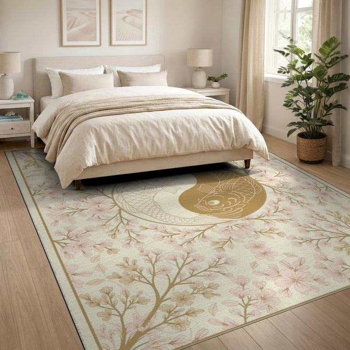 Koi Yin Yang Cherry Blossom Beige Area Rug