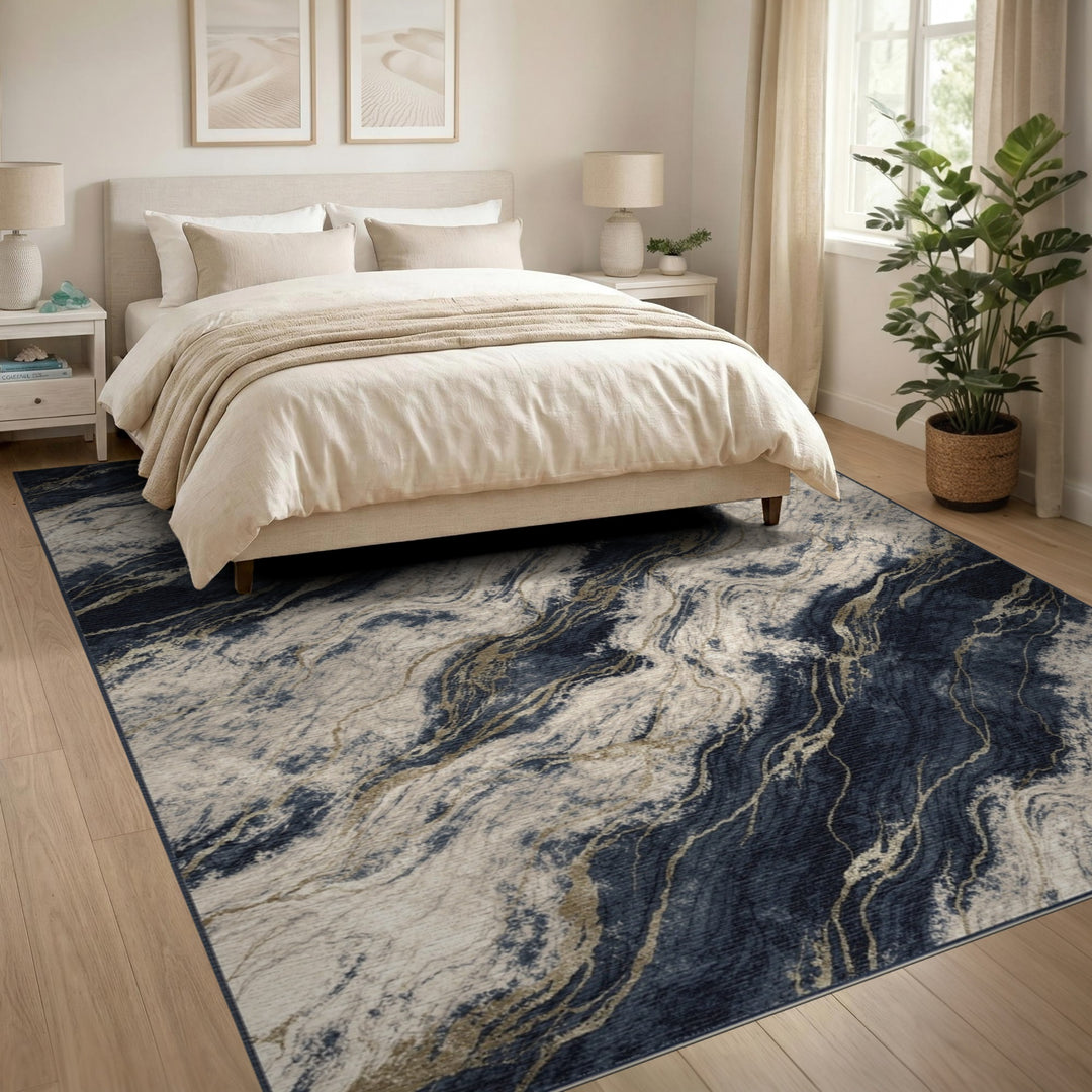 Navy Gold Marble Abstract Area Rug