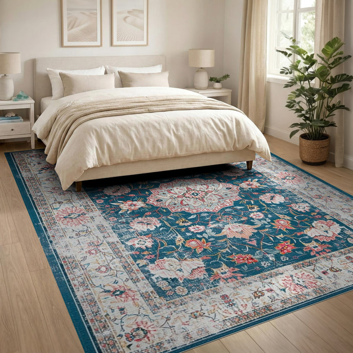 Navy Blue Floral Vintage Area Rug