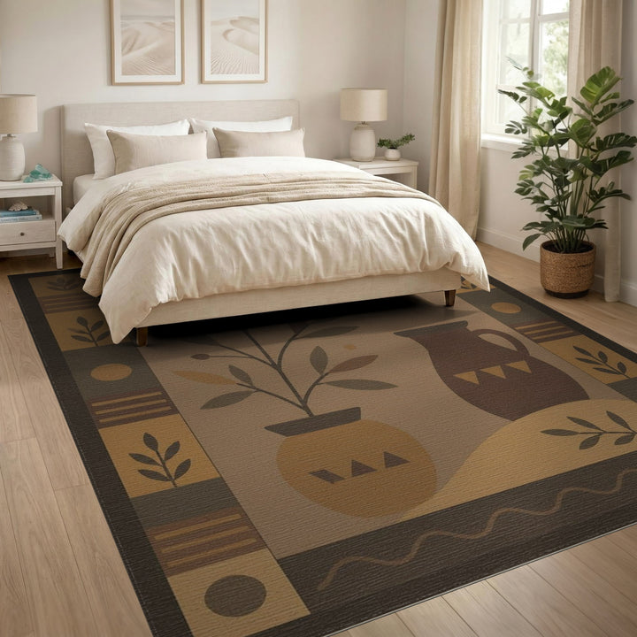 Southwestern Brown Tan Plant and Pitcher Area Rug