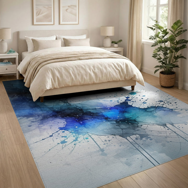 Blue Teal Abstract Ink Area Rug