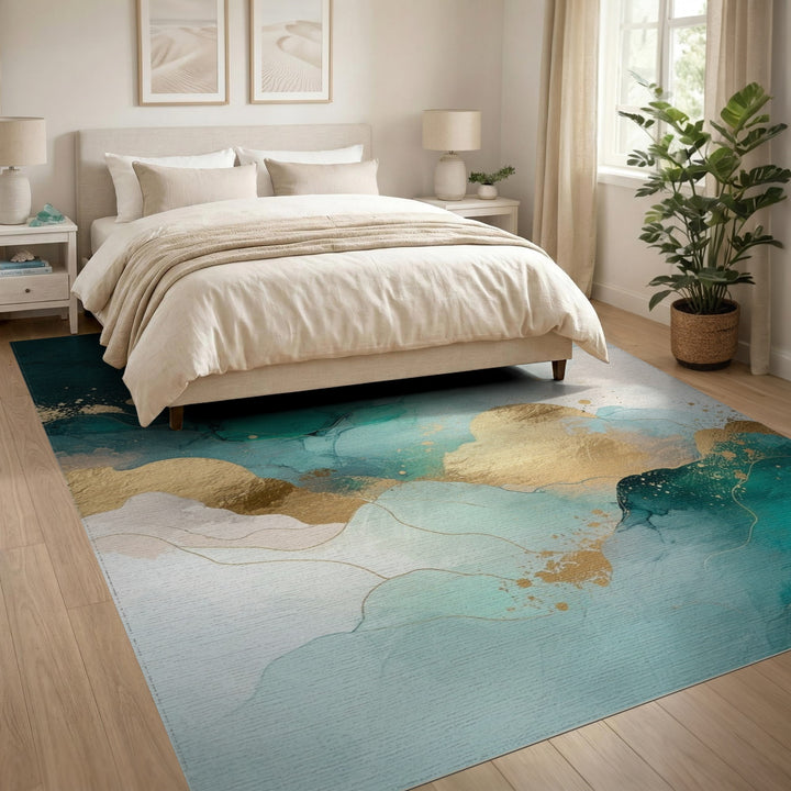 Teal and Gold Abstract Wave Area Rug