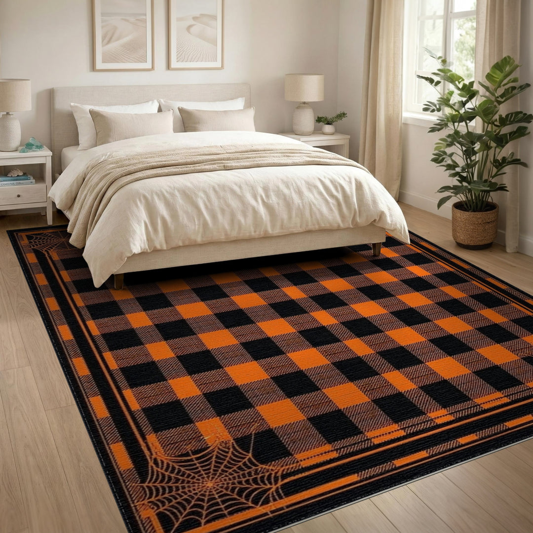 Orange Buffalo Check Spider Web Area Rug