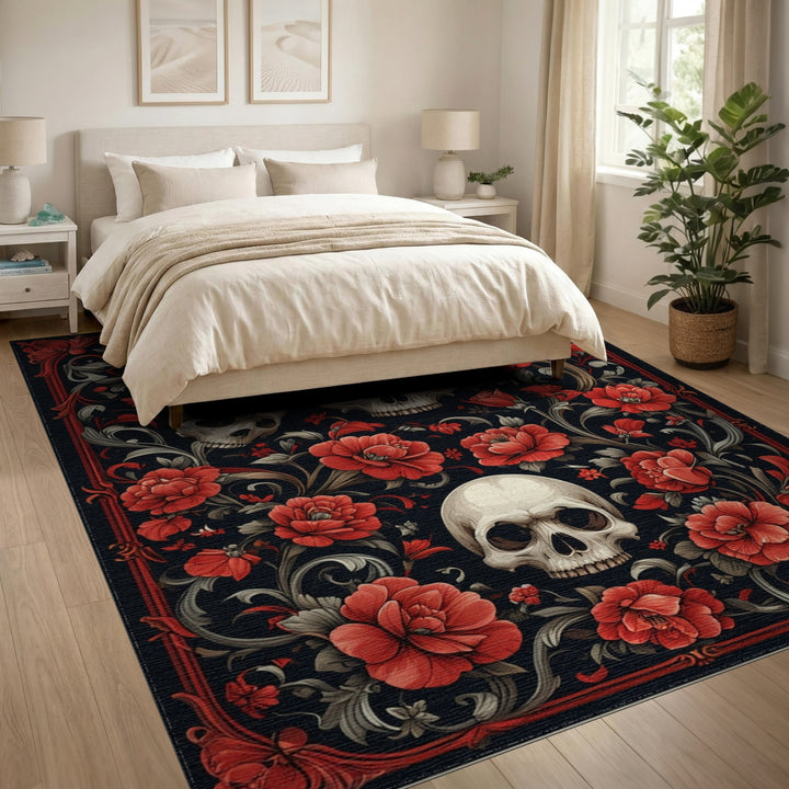 Gothic Skull Red Floral Area Rug