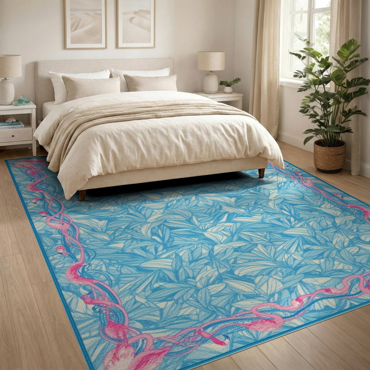 Blue Flamingo Border Washable Area Rug