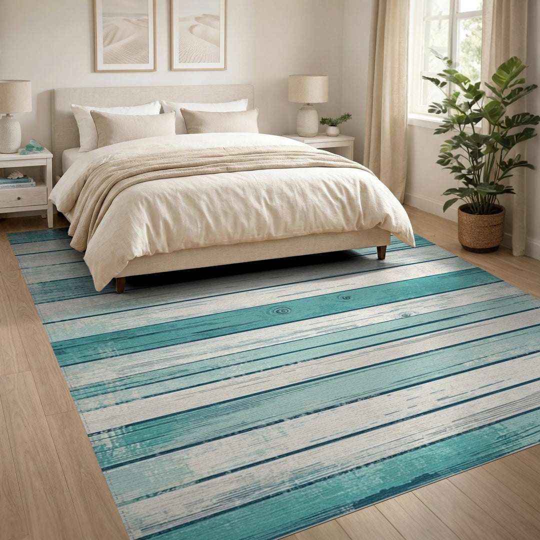 Distressed Teal Wood Plank Washable Area Rug