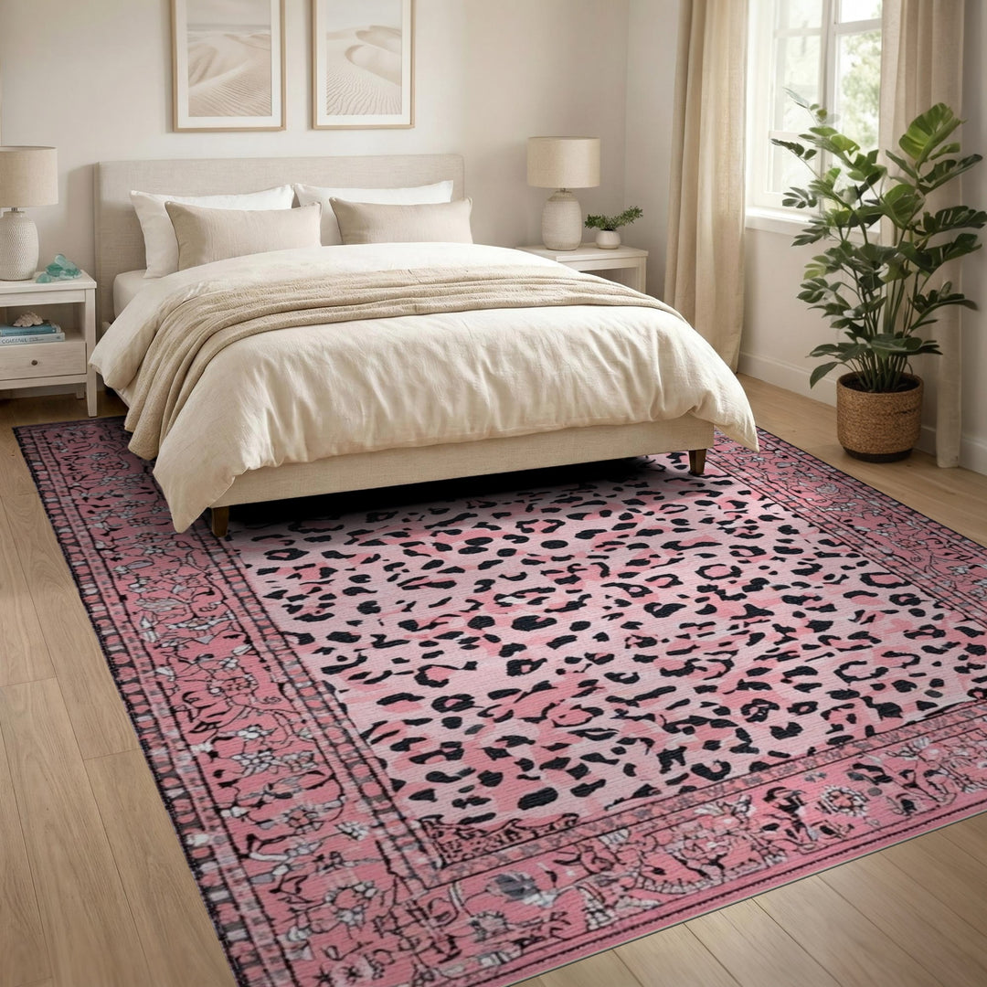 Pink Leopard Print Area Rug with Floral Border