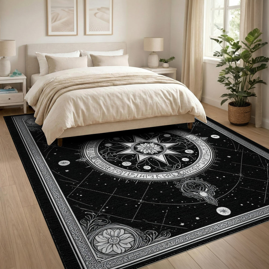 Celestial Star Medallion Black White Rug