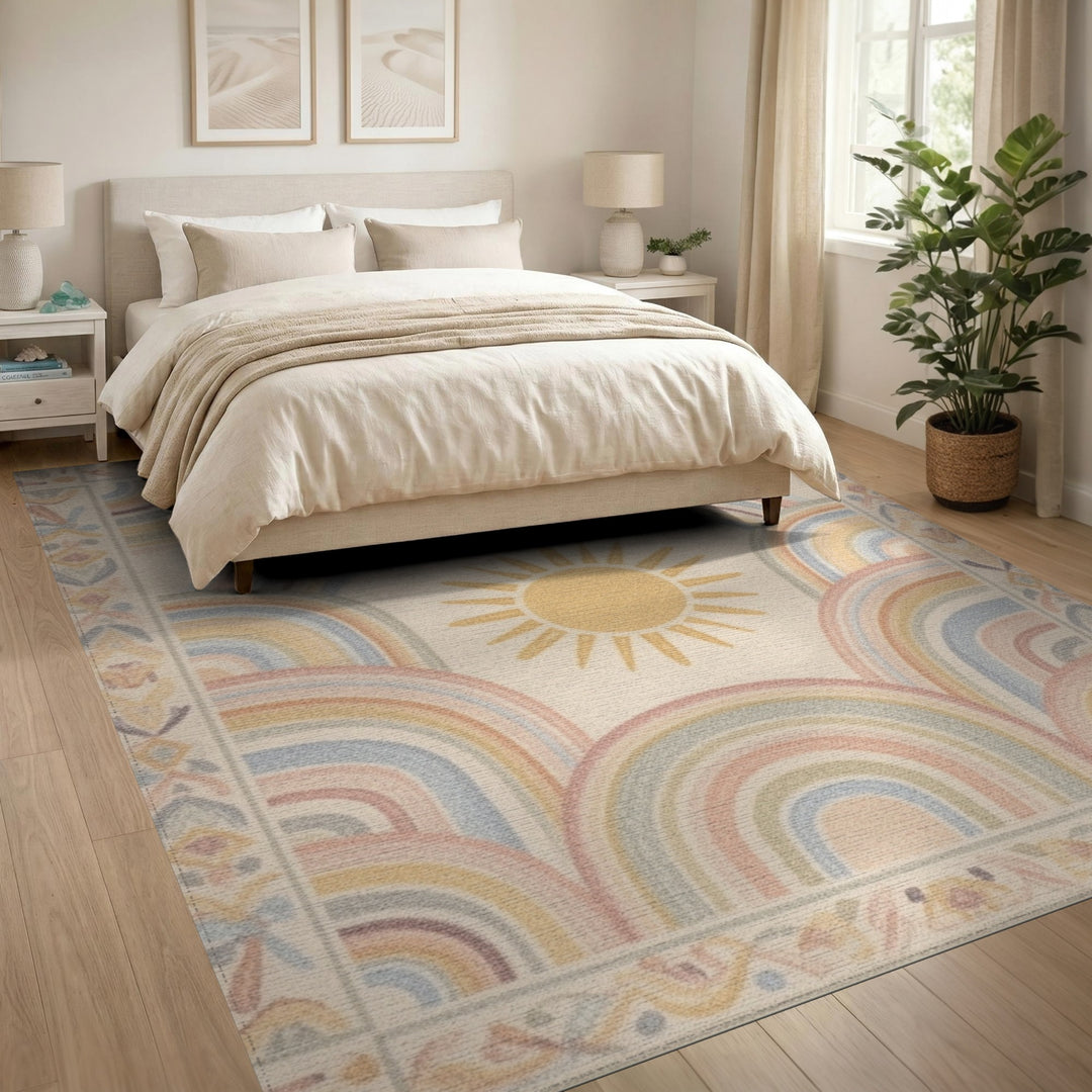 Pastel Rainbow Sun Kids Area Rug