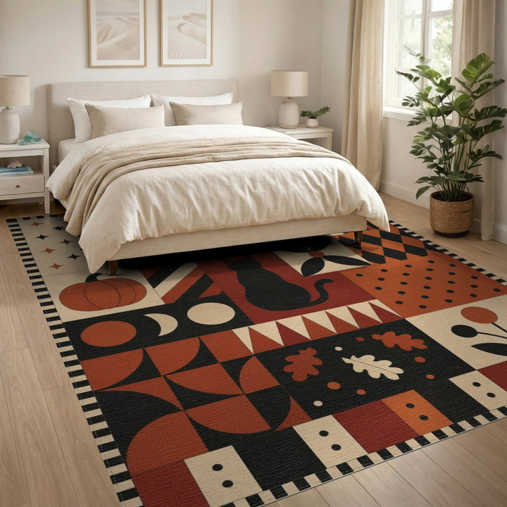 Geometric Black Cat Pumpkin Area Rug
