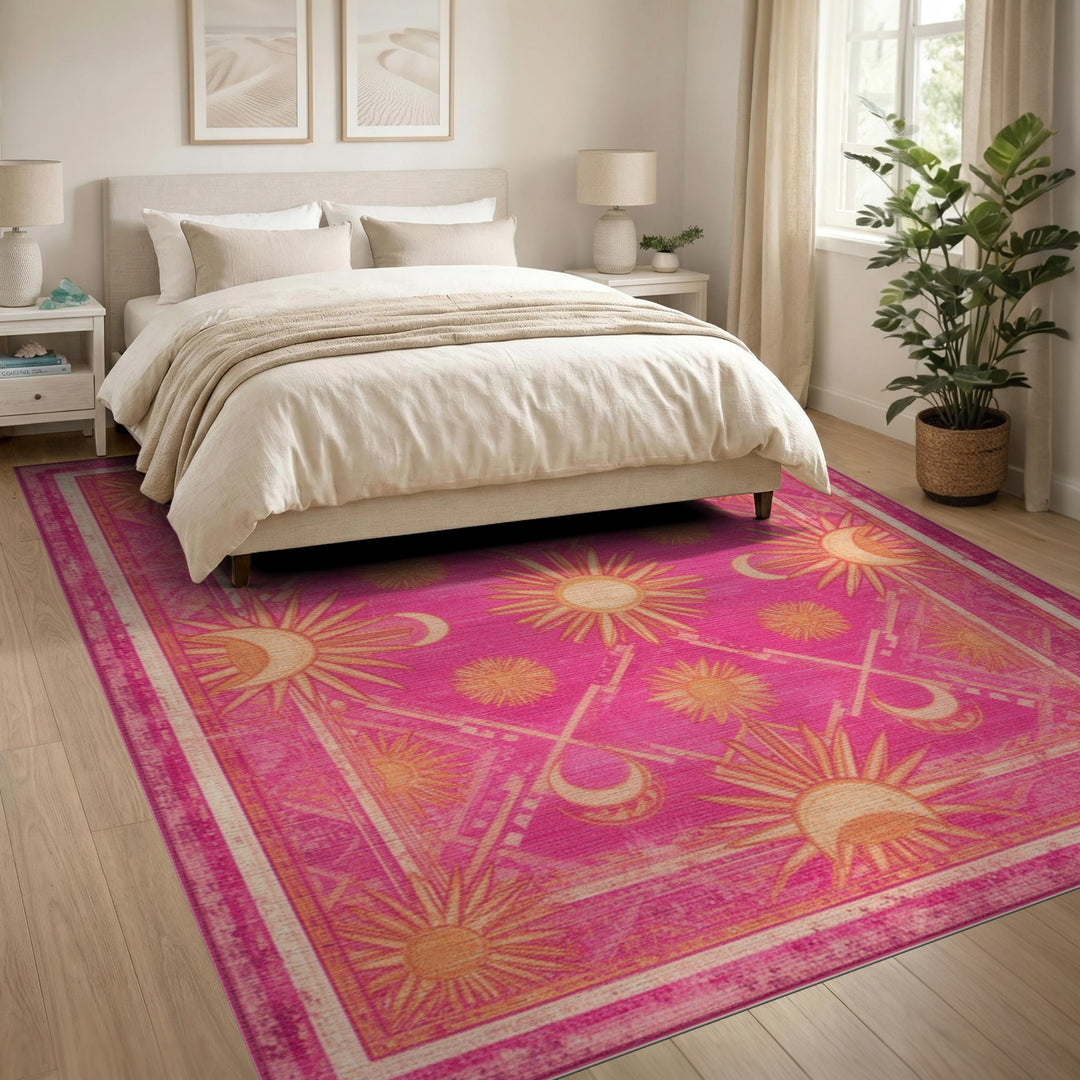 Pink Boho Sun Moon Celestial Area Rug