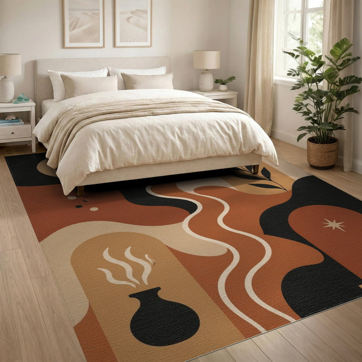 Boho Chic Brown Tan Area Rug with Moon and Arch