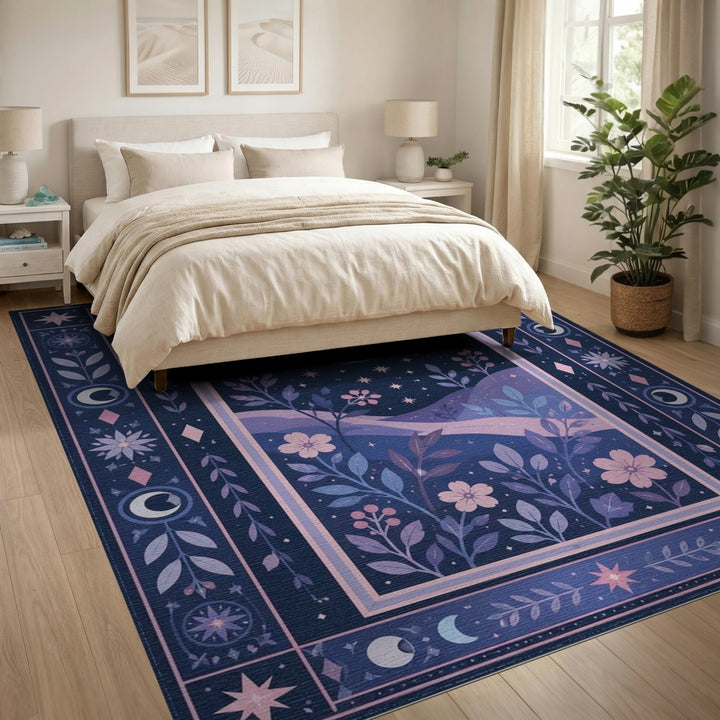 Purple Crescent Moon Boho Floral Rug