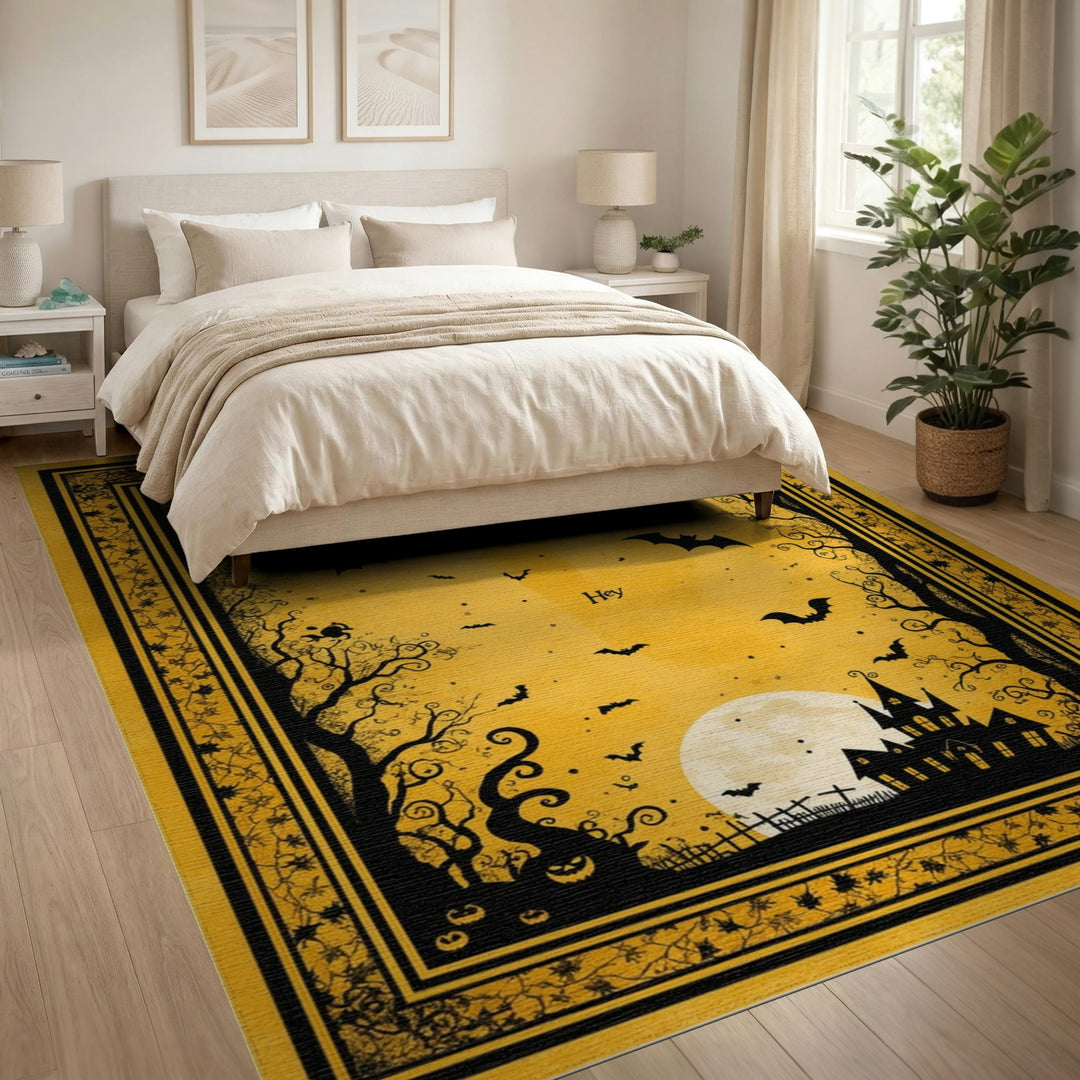 Yellow Halloween Haunted House Kids Cartoon Area Rug