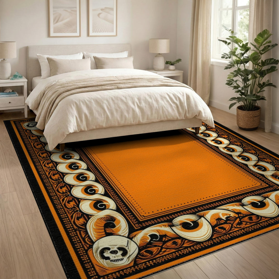 Orange Skull Tribal Border Area Rug