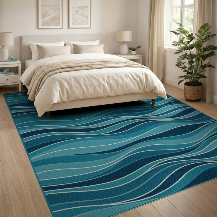 Teal Wave Blue Coastal Area Rug