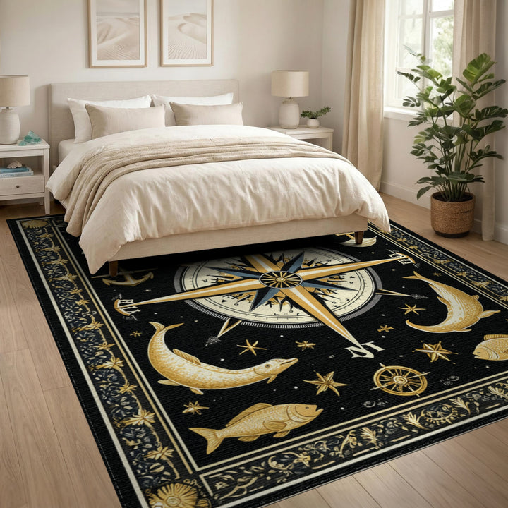 Nautical Gold Compass Area Rug