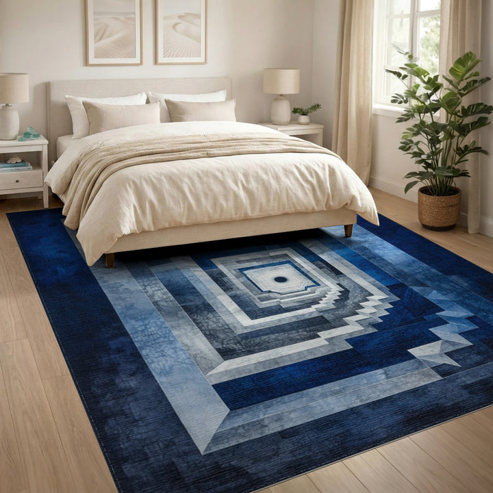 Blue Geometric Staircase Area Rug